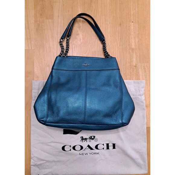 Coach Lexi Chain Shoulder Bag Metallic Teal Blue Leather Purse Handbag F22209 - Picture 1 of 14